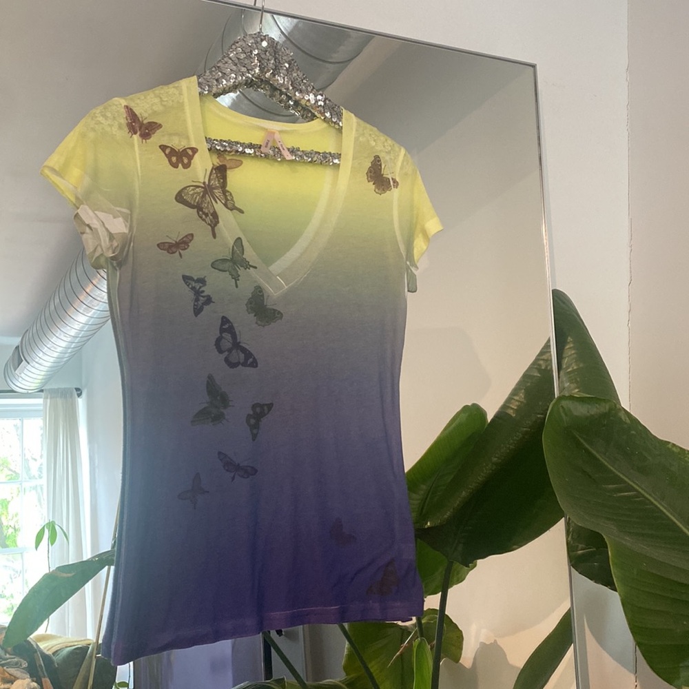 Sparkle & Fade Butterfly Ombre Gradient Yellow & Purple T-Shirt Tee